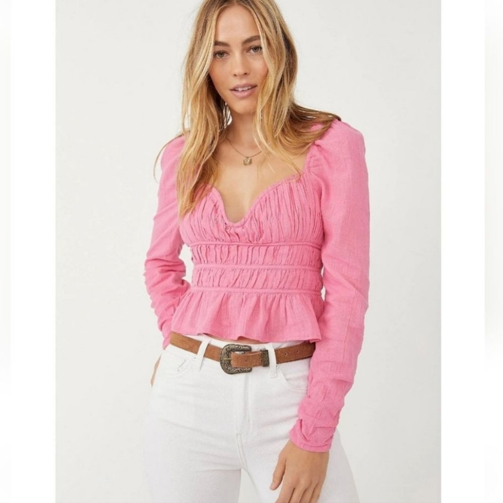 NWT Free People Chloe Smocked Tie Neck Cotton Top Size S